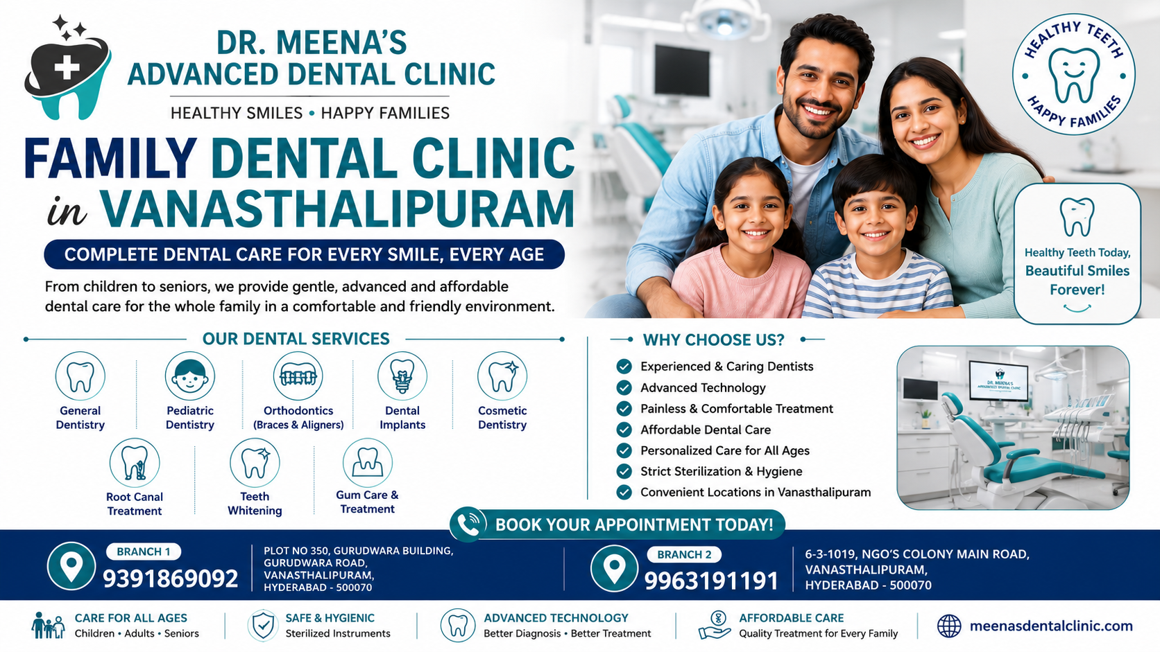 Family Dental Clinic in Vanasthalipuram offering complete dental care for children, adults, and senior citizens.